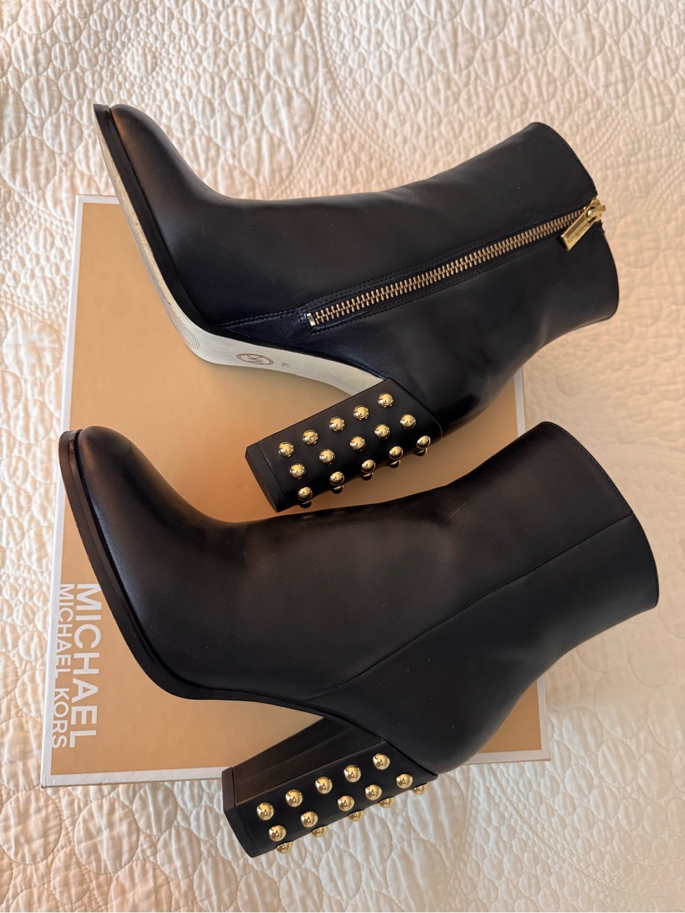 Michael Kors Black Leather Gold Studded Women’s Booties / Boots with Gold Zipper